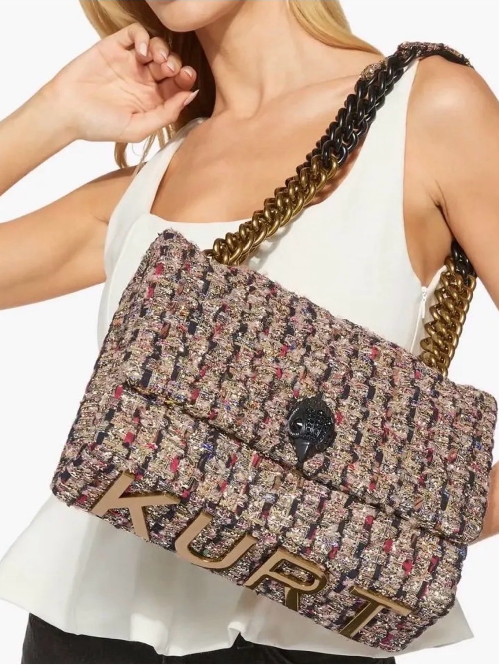 Kurt Geiger Kensington Tweed Shoulder Bag with Gold Chain